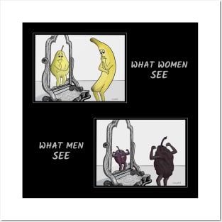 Body Image - What Women Versus Men See in the Mirror illustrated with fruit cartoons Posters and Art